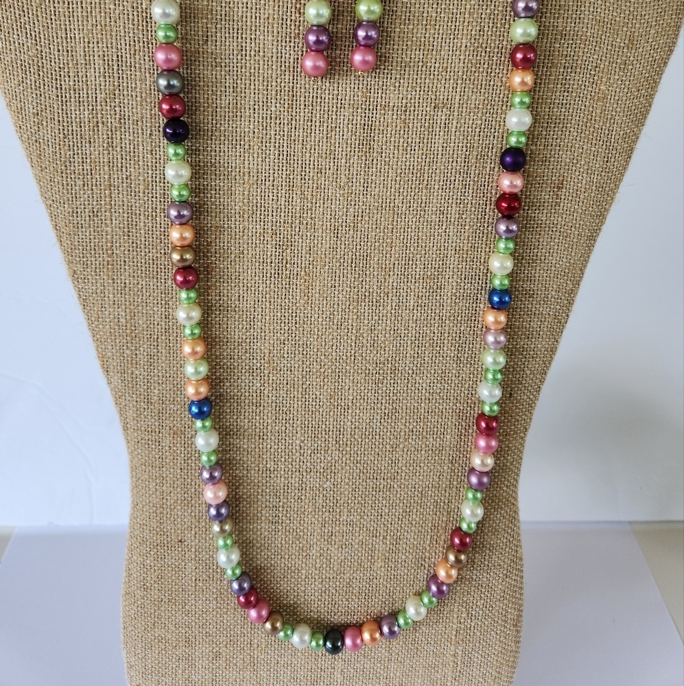 Hand Crafted Multicolor Pearl Necklace and Earring Set Rainbow - Picture 7 of 7